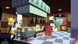 Size: 1920x1080 | Tagged: safe, screencap, big macintosh, gourmand ramsay, port wine, puff pastry, rumble, earth pony, pegasus, pony, unicorn, g4, the last problem, background pony, balancing, canterlot, chef, chef outfit, chef's hat, clothes, colt, continuity, cook, crate, frying pan, gordon ramsay, hat, kitchen, male, pot, stallion, suspenders