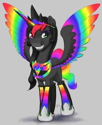 Size: 1117x1369 | Tagged: safe, artist:stillwaterspony, oc, oc only, oc:still waters, pony, alicorn costume, boots, clothes, colored horn, colored wings, costume, grin, heterochromia, hoof shoes, horn, jewelry, male, multicolored tail, multicolored wings, nightmare night costume, prosthetic horn, prosthetics, rainbow wings, regalia, shoes, smiling, solo, spread wings, tiara, two toned mane, wings