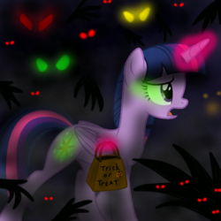 Size: 1000x1000 | Tagged: safe, artist:decprincess, edit, twilight sparkle, alicorn, pony, g4, evil, fog, glowing eyes, halloween, hands behind back, holiday, leaves, nightmare night, scared, shadows, trick or treat, twilight sparkle (alicorn), vector