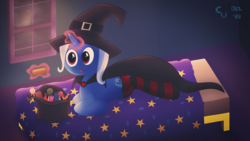 Size: 3307x1859 | Tagged: safe, artist:cosmikvek, trixie, pony, g4, bed, candy, cape, clothes, female, food, hat, nightmare night, socks, solo, striped socks, tongue out, window, witch hat