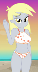 Size: 580x1095 | Tagged: safe, edit, edited screencap, editor:ah96, screencap, derpy hooves, aww... baby turtles, equestria girls, equestria girls series, g4, adorasexy, beach, beach babe, beach shorts swimsuit, belly button, bikini, breast edit, breasts, busty derpy hooves, clothes, cropped, cute, derpabetes, female, lidded eyes, looking at you, sexy, smiling, solo, swimsuit, swimsuit edit, waving