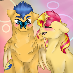 Size: 1000x1000 | Tagged: safe, artist:icefeather24, flash sentry, sunset shimmer, butterfly, pegasus, pony, unicorn, g4, blushing, butterfly on nose, cheek fluff, chest fluff, cute, diasentres, female, floppy ears, insect on nose, male, mare, neck fluff, shimmerbetes, ship:flashimmer, shipping, stallion, straight