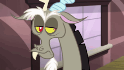 Size: 640x360 | Tagged: safe, edit, edited screencap, screencap, discord, draconequus, dungeons and discords, g4, animated, caption, discord is not amused, facepalm, gif, image macro, impact font, male, reaction image, sigh, solo, text, unamused