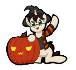 Size: 3600x3300 | Tagged: safe, artist:template93, oc, oc only, oc:template, pony, unicorn, carving, clothes, cute, glasses, hat, high res, jacket, male, nightmare night, pumpkin, sharp teeth, shirt, sitting, smiling, solo, teeth, waving, witch hat