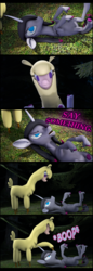 Size: 1280x3737 | Tagged: safe, artist:pika-robo, oleander (tfh), paprika (tfh), alpaca, classical unicorn, pony, unicorn, them's fightin' herds, 3d, boop, cloven hooves, comic, community related, duo, duo female, famous last words, female, halloween, halloween (movie), halloween 2018, halloween 2019, holiday, horn, legs in air, leonine tail, movie reference, on back, parody, scene parody, source filmmaker, spoilers for another series, unshorn fetlocks