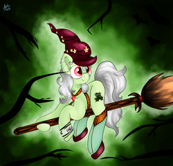 Size: 2547x2446 | Tagged: safe, artist:appleneedle, oc, oc only, oc:leaky cauldron, earth pony, pony, bracelet, broom, clothes, ear piercing, earring, female, flats, flying, flying broomstick, hat, high res, jewelry, mare, piercing, raised hoof, socks, solo, stockings, thigh highs, tree, witch, witch costume, witch hat, wristband
