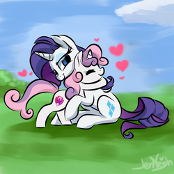 Size: 900x900 | Tagged: safe, artist:jen-neigh, rarity, sweetie belle, pony, unicorn, g4, cute, diasweetes, duo, eyes closed, female, filly, heart, hug, mare, raribetes, sibling love, siblings, sisterly love, sisters