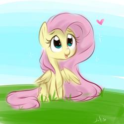 Size: 1000x1000 | Tagged: safe, artist:jen-neigh, fluttershy, pegasus, pony, g4, cute, female, heart, mare, one wing out, open mouth, outdoors, shyabetes, sitting, smiling, solo, three quarter view, wings