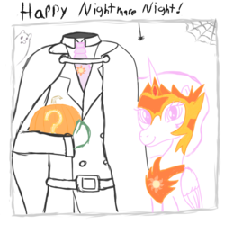 Size: 1000x1000 | Tagged: safe, artist:notawriteranon, daybreaker, oc, oc:anon, dullahan, ghost, pony, spider, g4, clothes, costume, ghost costume, halloween, halloween costume, headless, holiday, jack-o-lantern, nightmare night, nightmare night costume, pumpkin
