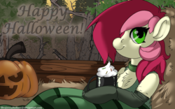Size: 1920x1200 | Tagged: safe, artist:brainiac, roseluck, earth pony, pony, g4, cute, female, hair over one eye, halloween, happy halloween, hay ride, holiday, mare, practice, pumpkin, rosabetes, solo