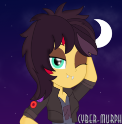 Size: 2152x2176 | Tagged: safe, artist:cyber-murph, sunset shimmer, vampire, costume conundrum, costume conundrum: sunset shimmer, equestria girls, g4, my little pony equestria girls: choose your own ending, bedroom eyes, bust, cute, eyeshadow, fangs, female, high res, makeup, moon, one eye closed, signature, solo, vampire shimmer, wig, wink