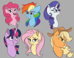 Size: 4900x3850 | Tagged: safe, artist:thebeckmanator, applejack, fluttershy, pinkie pie, rainbow dash, rarity, twilight sparkle, pony, g4, absurd resolution, bust, chest fluff, curved horn, female, gray background, horn, mane six, mare, open mouth, portrait, simple background, smiling