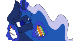 Size: 900x506 | Tagged: safe, artist:treble clefé, princess luna, alicorn, pony, two best sisters play, g4, crayon, female, flowing mane, glue, hidden wings, levitation, magic, paste eating, puffy cheeks, solo, telekinesis