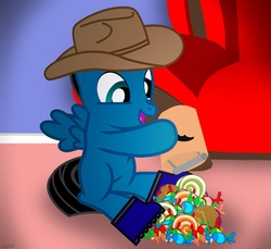 Size: 3600x3300 | Tagged: safe, artist:agkandphotomaker2000, oc, oc only, oc:pony video maker, pegasus, pony, apple, boots, candy, candy apple, candy container, childhood memories, clothes, colt, costume, couch, cowboy, cowboy boots, cowboy hat, food, hat, high res, lollipop, male, nightmare night, shoes, solo