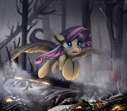 Size: 4000x3500 | Tagged: safe, artist:mithriss, fluttershy, pegasus, pony, g4, charred, dead tree, female, fire, flying, forest, forest fire, mare, open mouth, outdoors, shocked, smoke, solo, spread wings, three quarter view, tree, wings