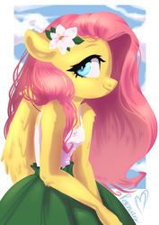 Size: 500x708 | Tagged: safe, artist:regenda, artist:regendary, fluttershy, pegasus, anthro, g4, arm fluff, cute, elbow fluff, female, floppy ears, flower, flower in hair, looking at you, mare, shoulder fluff, shyabetes, smiling, solo, ych result