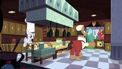 Size: 1920x1080 | Tagged: safe, screencap, big macintosh, puff pastry, rumble, earth pony, pegasus, pony, g4, the last problem, balancing, canterlot, chef, chef outfit, chef's hat, clothes, colt, continuity, cook, crate, frying pan, hat, kitchen, male, pot, stallion, suspenders
