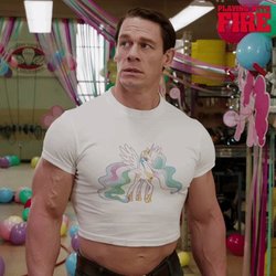 Size: 480x480 | Tagged: safe, pinkie pie, princess celestia, human, g4, balloon, clothes, irl, irl human, john cena, male, party, photo, playing with fire, shirt, t-shirt