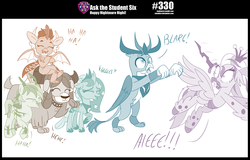 Size: 2000x1278 | Tagged: safe, artist:sintakhra, gallus, ocellus, princess luna, queen chrysalis, sandbar, silverstream, smolder, storm king, yona, changedling, changeling, classical hippogriff, dragon, griffon, hippogriff, pony, yak, tumblr:studentsix, my little pony: the movie, antagonist, clothes, costume, cute, derp, dialogue, diaocelles, diastreamies, eyes closed, gallabetes, laughing, nightmare night costume, sandabetes, scared, shrunken pupils, smolderbetes, student six, timber wolf costume, yonadorable