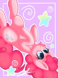 Size: 1536x2048 | Tagged: safe, artist:sweetkllrvane, pinkie pie, earth pony, pony, g4, :p, cute, cutie mark, diapinkes, female, on back, silly, solo, stars, tongue out