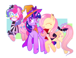 Size: 1280x967 | Tagged: safe, artist:softyshy, fluttershy, pinkie pie, twilight sparkle, alicorn, earth pony, pegasus, pony, vampire, g4, abstract background, clothes, costume, cute, eyes closed, fangs, female, halloween, halloween costume, hat, heart eyes, mare, mime, smiling, trio, twilight sparkle (alicorn), wingding eyes, witch, witch hat