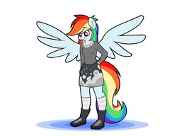 Size: 1300x1000 | Tagged: safe, artist:heir-of-rick, rainbow dash, anthro, plantigrade anthro, g4, boots, clothes, cute, dashabetes, female, miniskirt, moe, shoes, simple background, skirt, socks, solo, spread wings, striped socks, white background, wings