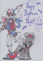 Size: 1241x1750 | Tagged: safe, artist:nephilim rider, oc, oc:heaven lost, pony, clothes, code vein, costume, harley quinn, nightmare night, traditional art