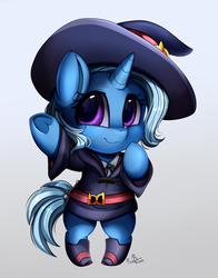 Size: 2308x2947 | Tagged: safe, artist:pridark, trixie, pony, unicorn, semi-anthro, anime, arm hooves, bipedal, boots, chibi, clothes, cosplay, costume, cute, diatrixes, dress, female, halloween, hat, heart, heart hoof, high res, holiday, hoodie, little witch academia, looking at you, mare, shoes, signature, skirt, smiling, solo, weapons-grade cute, witch costume, witch hat