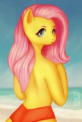 Size: 1280x1897 | Tagged: safe, artist:vermentinaboets, fluttershy, pegasus, semi-anthro, g4, arm hooves, back, beach, bikini bottom, clothes, cute, female, looking back, ocean, partial nudity, shyabetes, solo, swimsuit, topless, wingless