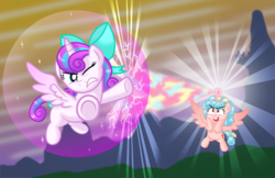 Size: 1111x719 | Tagged: safe, artist:aleximusprime, cozy glow, princess flurry heart, alicorn, pony, flurry heart's story, the ending of the end, alicornified, bow, bubble, bubble shield, canterlot, cozycorn, duel, epic, female, fight, filly, filly flurry heart, force field, headcanon, laser beams, maniacal laugh, older, older flurry heart, one eye open, race swap, squishy cheeks