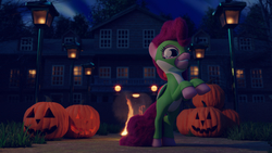 Size: 3840x2160 | Tagged: safe, artist:dashyoshi, pinkie pie, earth pony, pony, yoshi, g4, 3d, blender, blender cycles, clothes, costume, female, fire, halloween, halloween costume, high res, holiday, mansion, nightmare night costume, pumpkin, solo, super mario bros.