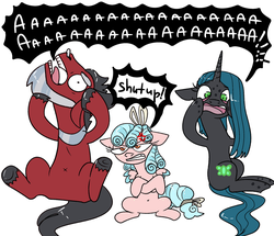 Size: 1395x1200 | Tagged: safe, artist:northernlightsone, cozy glow, lord tirek, queen chrysalis, earth pony, pegasus, pony, unicorn, g4, a better ending for chrysalis, a better ending for cozy, a better ending for tirek, aaaaaaaaaa, annoyed, belly button, cozy glow is not amused, cross-popping veins, crossed arms, female, filly, foal, male, mare, nose piercing, nose ring, piercing, ponified, septum piercing, species swap, stallion, trio