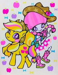 Size: 387x500 | Tagged: safe, artist:markiii, applejack, earth pony, pony, g4, duo, duo female, female, human oc, mare, my little pony project, painting, traditional art