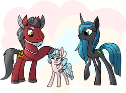 Size: 1809x1337 | Tagged: safe, artist:northernlightsone, cozy glow, lord tirek, queen chrysalis, earth pony, pegasus, pony, unicorn, g4, a better ending for chrysalis, a better ending for cozy, a better ending for tirek, cozybetes, cozylove, cute, cutealis, daddy tirek, family, female, good end, male, mommy chrissy, older, older cozy glow, ponified, ship:chrysirek, shipping, species swap, straight, tirebetes