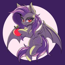 Size: 1200x1200 | Tagged: safe, artist:ask-colorsound, fluttershy, bat pony, pony, g4, apple, bat ponified, cheek fluff, chest fluff, ear fluff, female, flutterbat, food, moon, race swap, solo, wing claws