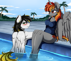 Size: 2978x2550 | Tagged: safe, artist:pridark, oc, oc only, alicorn, pegasus, anthro, alicorn oc, blushing, breasts, clothes, commission, female, high res, male, one-piece swimsuit, sitting, swimming pool, swimsuit
