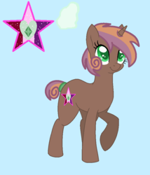 Size: 739x865 | Tagged: safe, artist:emberskydragon, oc, oc only, oc:mystical song, pony, unicorn, base used, blue background, cutie mark, female, filly, offspring, parent:button mash, parent:sweetie belle, parents:sweetiemash, raised hoof, simple background, solo