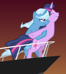Size: 652x728 | Tagged: safe, artist:grilledcat, edit, trixie, twilight sparkle, pony, unicorn, g4, cropped, female, gradient background, lesbian, mare, reference, ship, ship:twixie, shipping, titanic