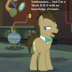 Size: 611x611 | Tagged: safe, edit, edited screencap, editor:korora, screencap, doctor whooves, time turner, earth pony, pony, a horse shoe-in, g4, bowtie, cropped, doctor who, doctor whooves' lab, k-9, reaction image, skeptical, speech, the doctor, the stones of blood