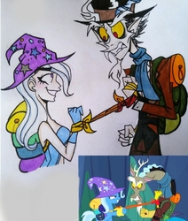 Size: 484x570 | Tagged: safe, artist:citi, screencap, discord, trixie, changeling, human, g4, to where and back again, clothes, disguise, disguised changeling, duo, hat, humanized, scene interpretation, screencap reference, traditional art, trixie's hat