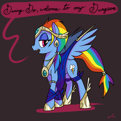 Size: 2500x2500 | Tagged: safe, artist:docwario, rainbow dash, pegasus, pony, g4, clothes, cosplay, costume, cutie mark, dashtober, eyeshadow, female, high res, hoof shoes, lidded eyes, looking at you, makeup, mare, solo, speech bubble
