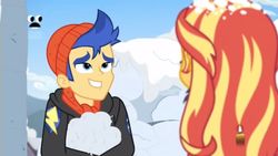 Size: 1280x720 | Tagged: safe, edit, edited screencap, screencap, flash sentry, sunset shimmer, equestria girls, equestria girls series, g4, holidays unwrapped, spoiler:eqg series (season 2), candle, clothes, female, hat, hoodie, male, smiling, snow, snowball