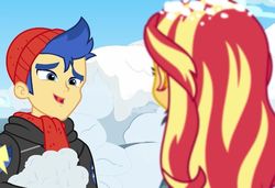 Size: 1054x720 | Tagged: safe, screencap, flash sentry, sunset shimmer, equestria girls, equestria girls series, g4, holidays unwrapped, spoiler:eqg series (season 2), clothes, female, hat, hoodie, male, smiling, snow, snowball