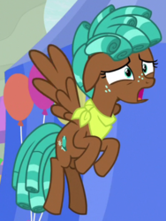 Size: 790x1048 | Tagged: safe, screencap, spur, pegasus, pony, g4, growing up is hard to do, bandana, cropped, female, flying, ringlets, solo, teenager