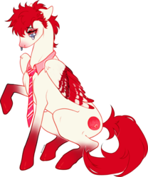 Size: 2267x2725 | Tagged: safe, artist:pictorch, oc, oc only, oc:bloodshot, pegasus, pony, accessory, clothes, crying, folded wings, full body, high res, male, markings, necktie, raised hoof, red hair, red mane, red tail, simple background, sitting, solo, spiky hair, spiky mane, stallion, transparent background, two toned wings, wings, wings down