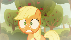 Size: 1280x720 | Tagged: safe, screencap, applejack, earth pony, pony, g4, going to seed, apple, apple tree, female, filly, filly applejack, freckles, solo, tree, younger