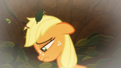 Size: 1920x1080 | Tagged: safe, screencap, applejack, earth pony, pony, g4, going to seed, female, filly, filly applejack, floppy ears, freckles, leaves, sad, solo, younger