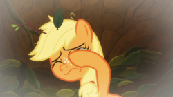 Size: 1920x1080 | Tagged: safe, screencap, applejack, earth pony, pony, g4, going to seed, female, filly, filly applejack, freckles, leaves, solo, younger