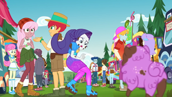 Size: 1920x1080 | Tagged: safe, screencap, alizarin bubblegum, bon bon, curly winds, fry lilac, hunter hedge, peppermint azure, princess thunder guts, rarity, raspberry lilac, snow flower, some blue guy, sweetie drops, track starr, wiz kid, dog, equestria girls, g4, lost and pound, lost and pound: rarity, my little pony equestria girls: choose your own ending, backwards ballcap, bandana, baseball cap, boots, cap, chase, clothes, female, food, food truck, glasses, hat, hiking boots, kneesocks, male, marshmelodrama, mud, muddy, no socks, outdoors, panama hat, puppy, rarity being rarity, scared, shoes, socks, sunglasses, sushi, sushi cone