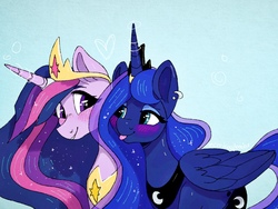 Size: 2048x1536 | Tagged: safe, artist:incendiarymoth, princess luna, twilight sparkle, alicorn, pony, g4, the last problem, :p, best friends, blushing, crown, cutie mark, digital art, ear piercing, earring, eyeshadow, female, horn, horn ring, jewelry, lesbian, lidded eyes, looking at each other, makeup, mare, older, older twilight, older twilight sparkle (alicorn), peytral, piercing, princess twilight 2.0, regalia, ship:twiluna, shipping, smiling, tongue out, twilight sparkle (alicorn), ultimate twilight